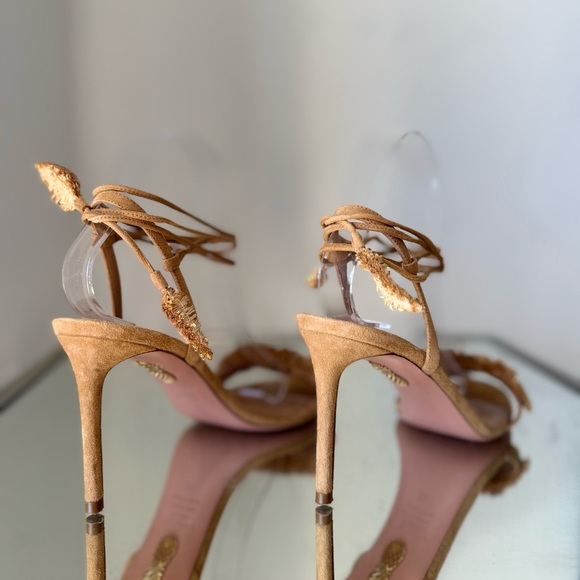 Like new AQUAZZURA SUEDE LEATHER ISLA SANDALS WITH RHINESTONED RAFFIA DETAIL - Picture 7 of 12